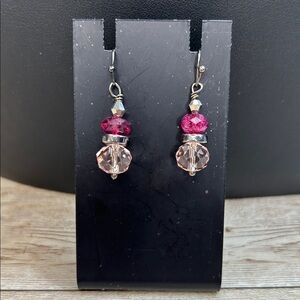Elegant Pink and Purple Crystal Drop Earrings with Gunmetal Tone Accents